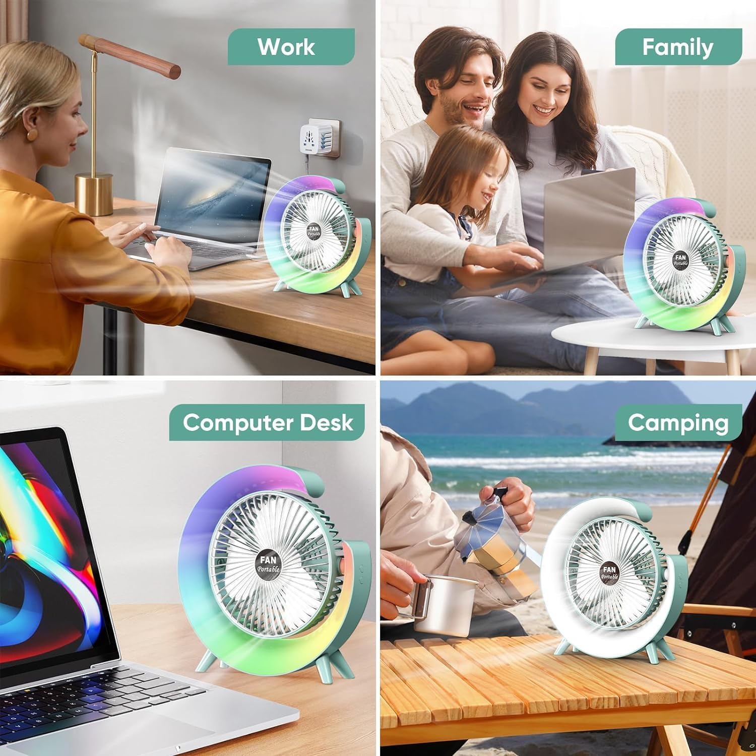 BreezeGlow: 3-Speed Rechargeable RGB Desk Fan with 180° Rotation, USB Charging & 4-Hour Battery Backup for Table, Travel & Office Use