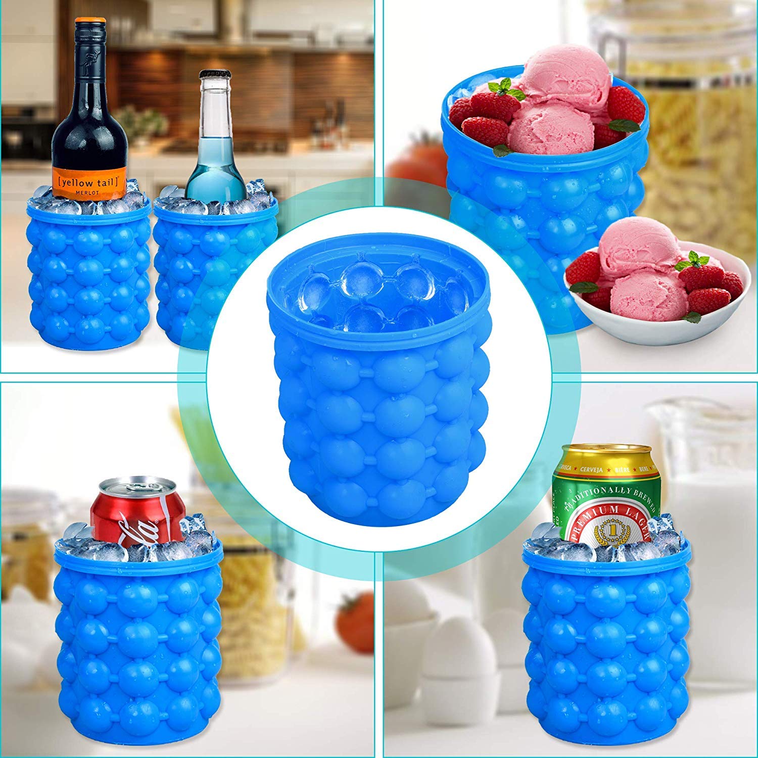 (PRIORITY)24x7 eMall Large 2 in 1 Silicone Ice Bucket and Mould with Lid Maker (5.5 x 5 Inch, Blue)