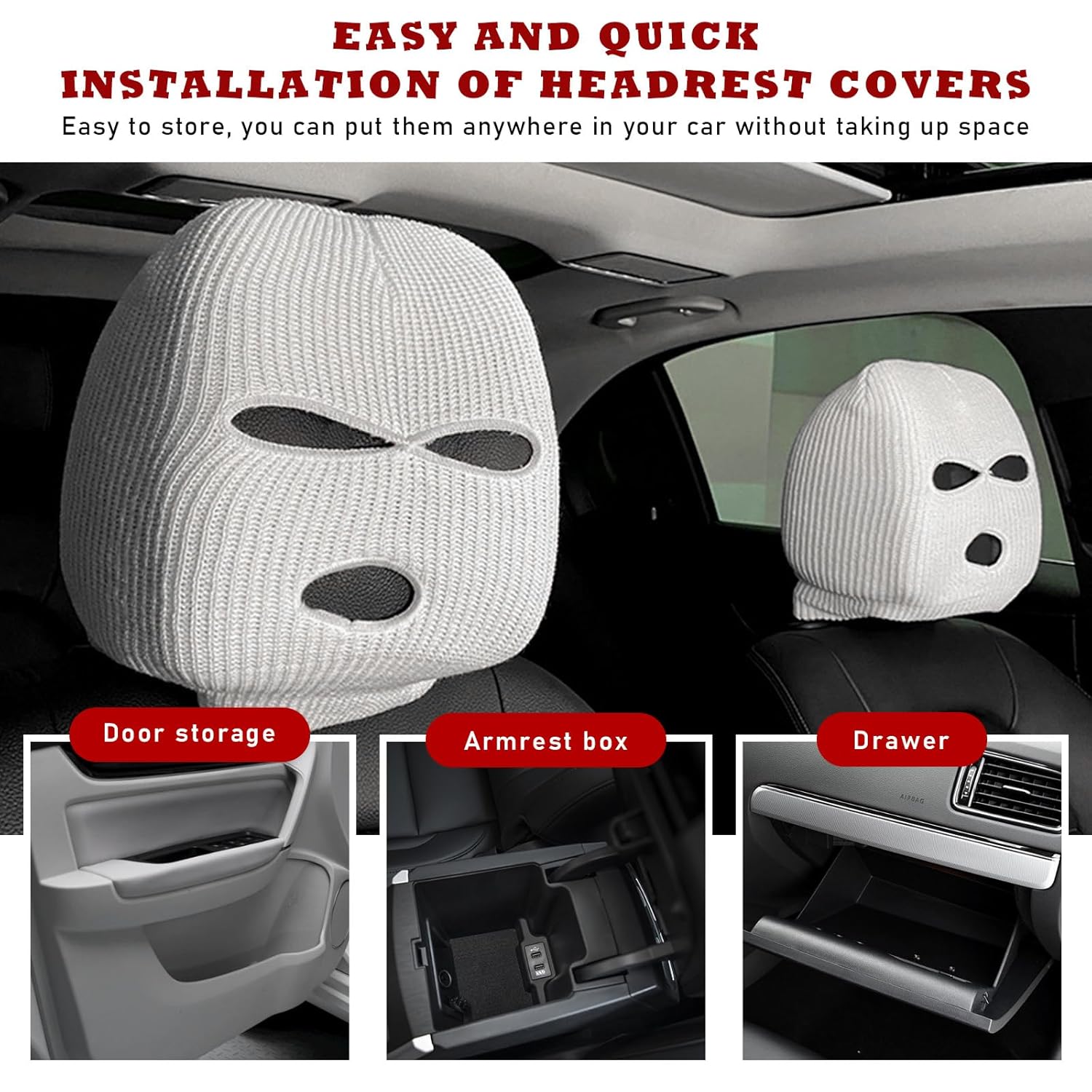 (PRIORITY)Suvnie 2 PCS Car Headrest Cover, Personalized Funny Car Seat Full Face Mask, Ski Mask Wrap Protection for Auto Front Seat Rest Decoration, Universal Interior Car Accessories (White)