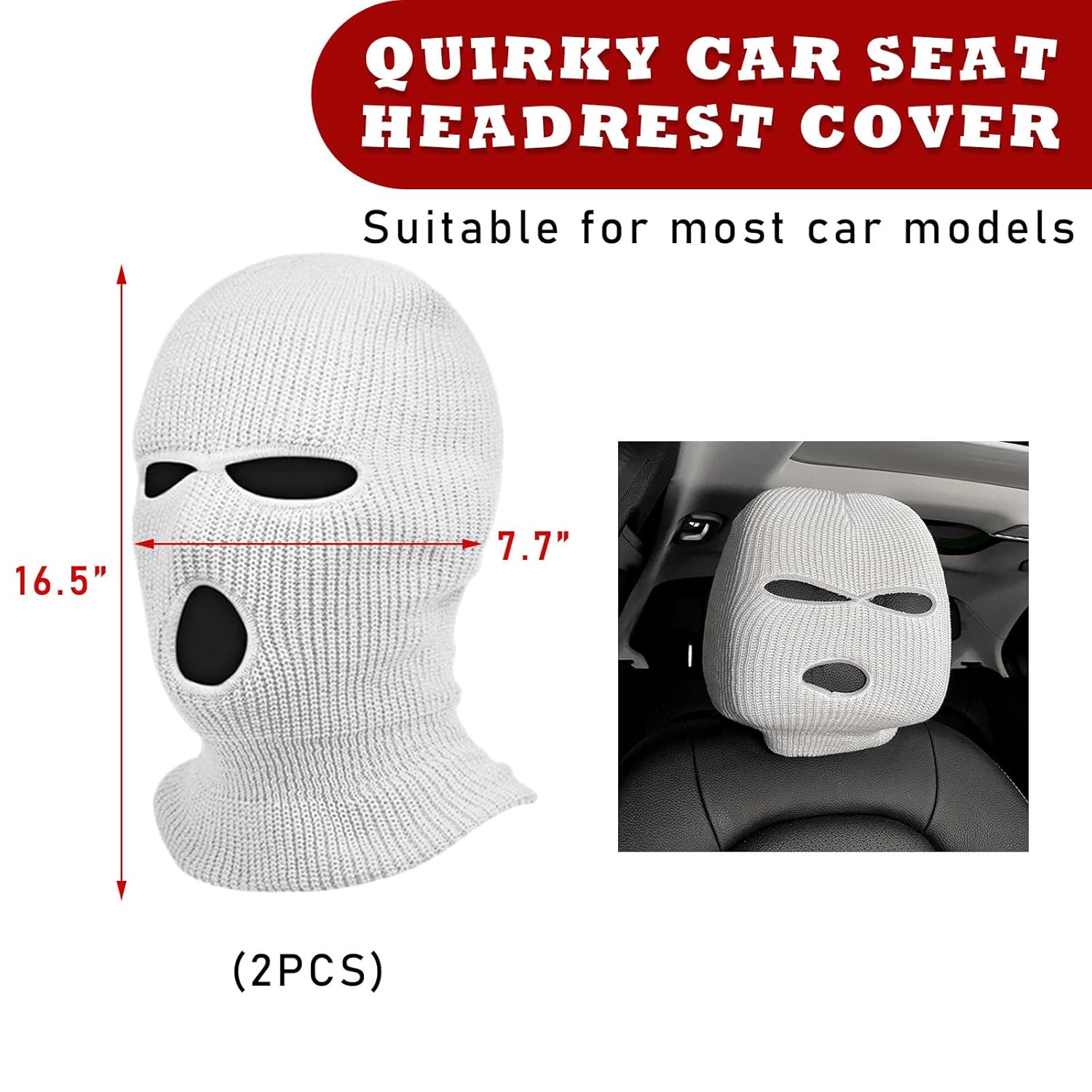 (PRIORITY)Suvnie 2 PCS Car Headrest Cover, Personalized Funny Car Seat Full Face Mask, Ski Mask Wrap Protection for Auto Front Seat Rest Decoration, Universal Interior Car Accessories (White)