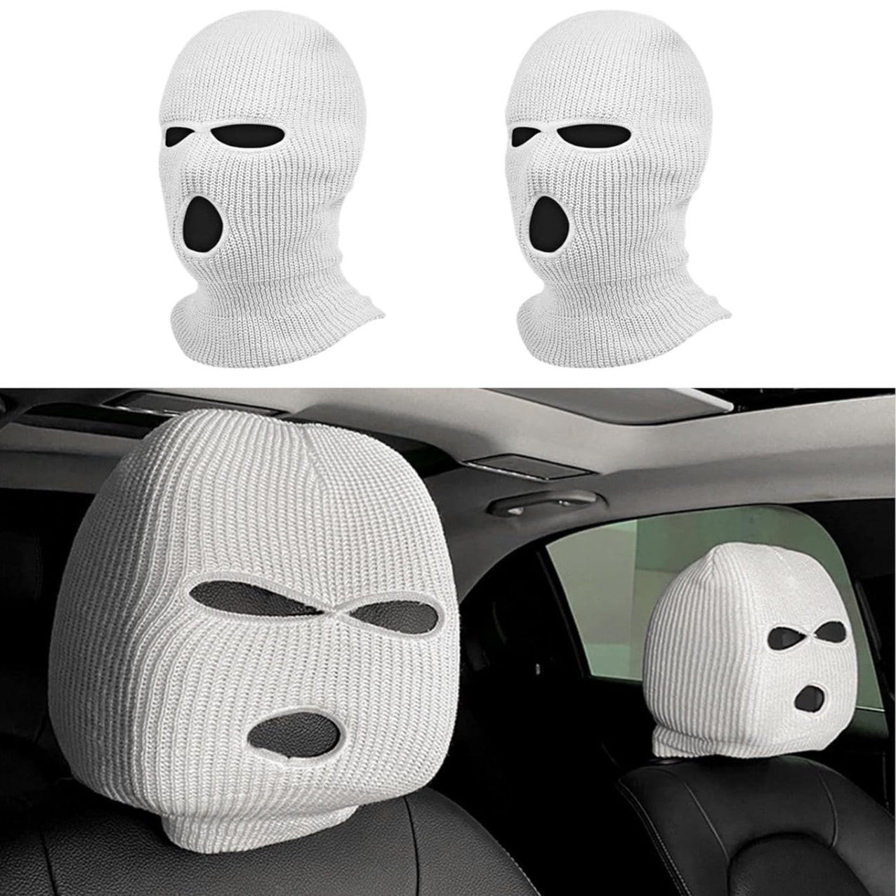 (PRIORITY)Suvnie 2 PCS Car Headrest Cover, Personalized Funny Car Seat Full Face Mask, Ski Mask Wrap Protection for Auto Front Seat Rest Decoration, Universal Interior Car Accessories (White)