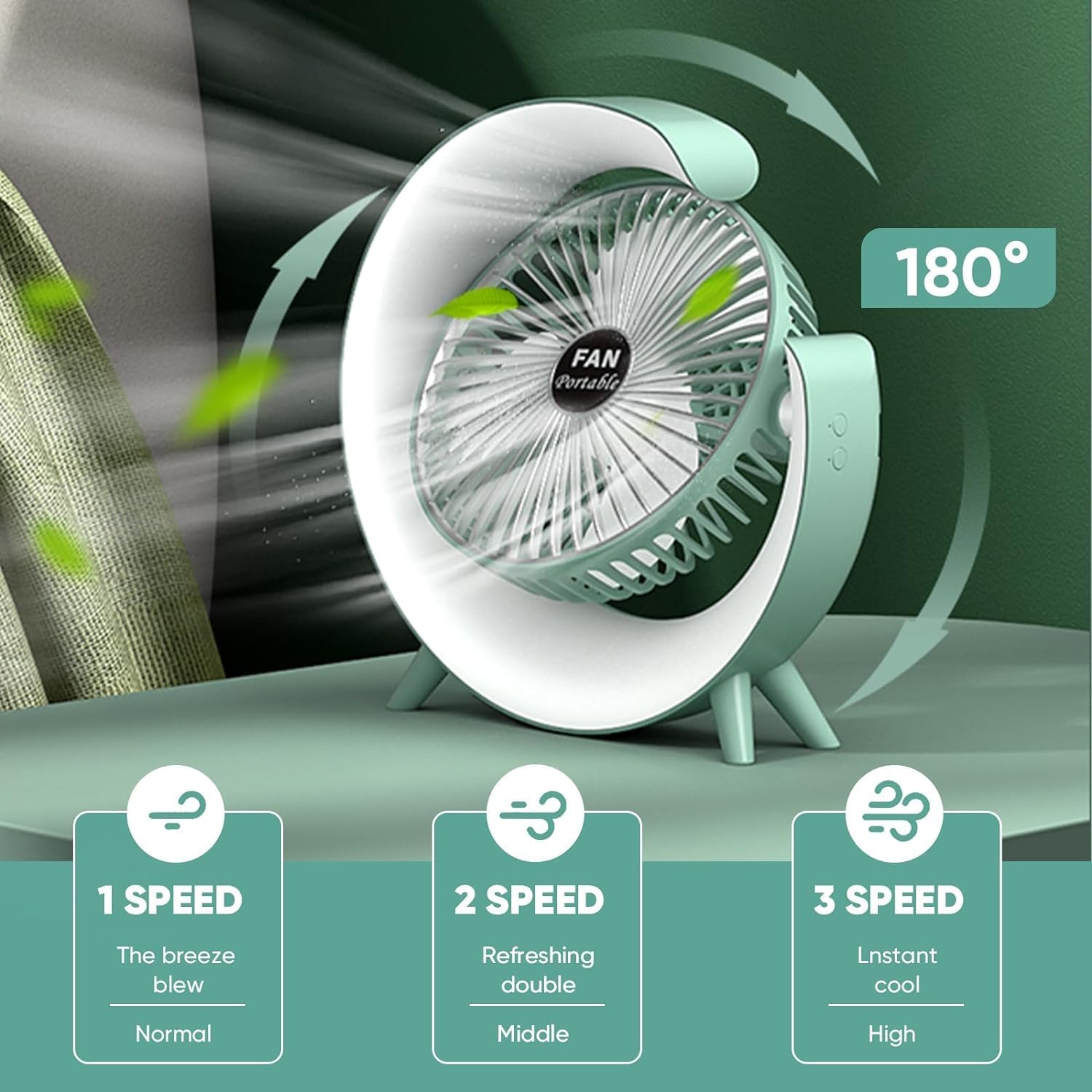 BreezeGlow: 3-Speed Rechargeable RGB Desk Fan with 180° Rotation, USB Charging & 4-Hour Battery Backup for Table, Travel & Office Use