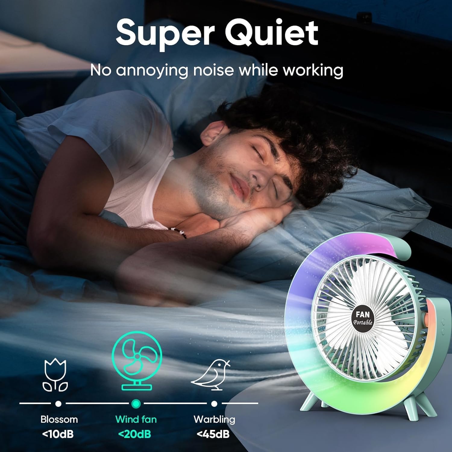 BreezeGlow: 3-Speed Rechargeable RGB Desk Fan with 180° Rotation, USB Charging & 4-Hour Battery Backup for Table, Travel & Office Use