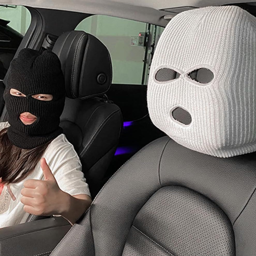 (PRIORITY)Suvnie 2 PCS Car Headrest Cover, Personalized Funny Car Seat Full Face Mask, Ski Mask Wrap Protection for Auto Front Seat Rest Decoration, Universal Interior Car Accessories (White)